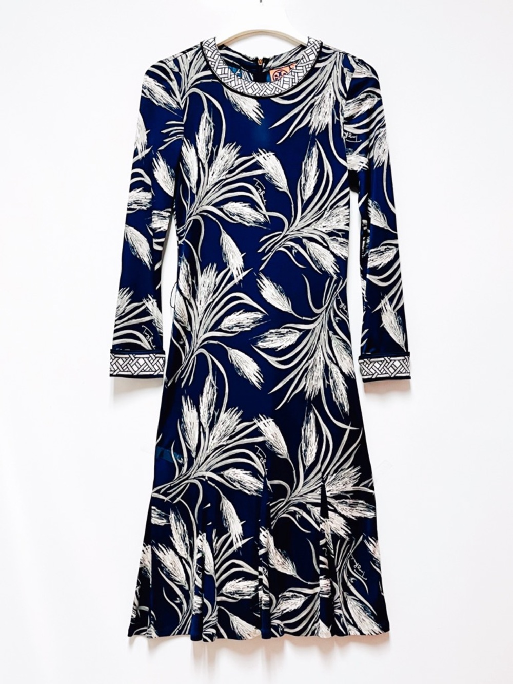 Tory Burch Navy Silk Wheat Print Dress A-Line Midi Classic Country Club M